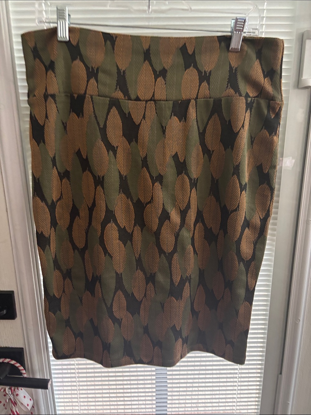 LuLaRoe Olive and Brown Leaf-Print Pencil Skirt